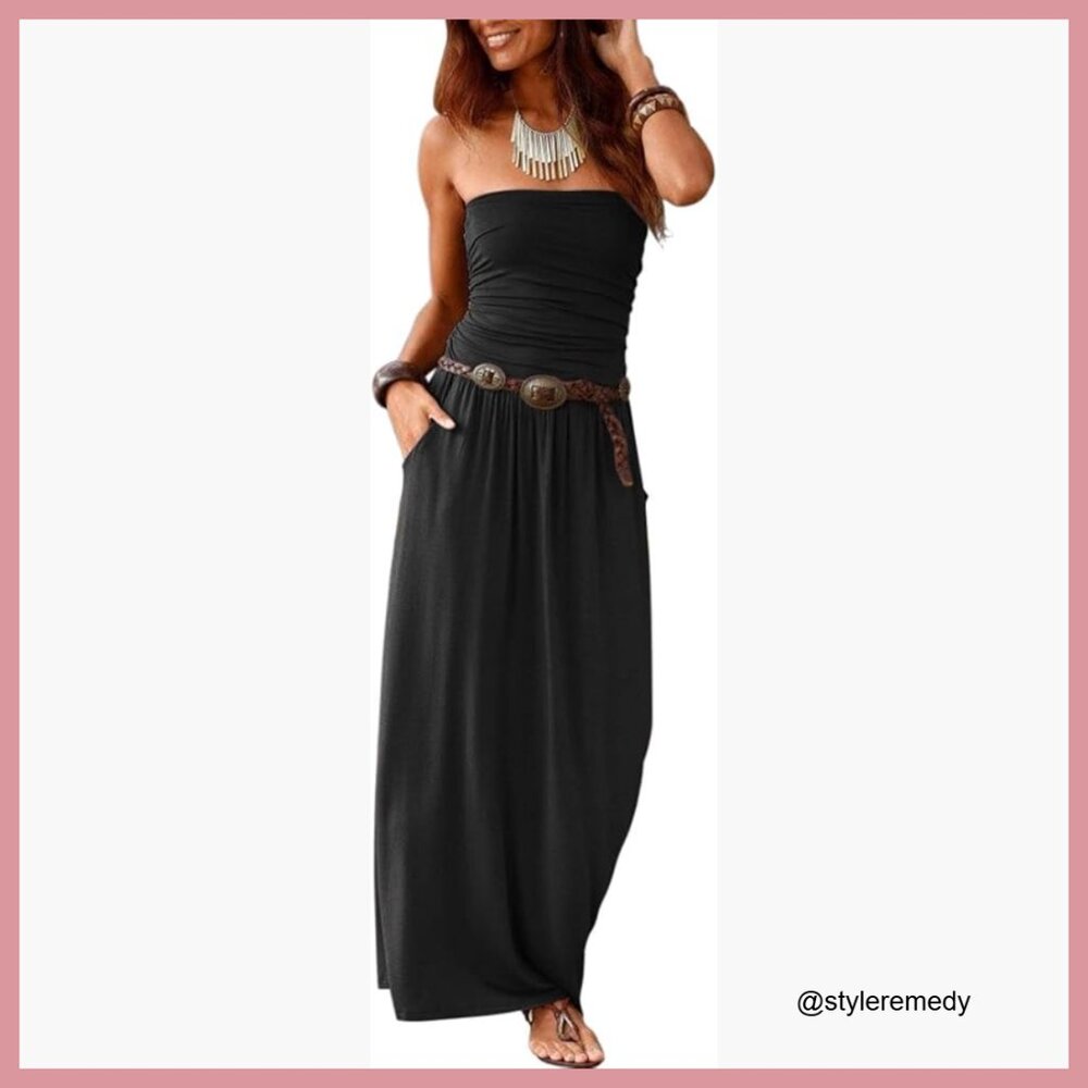 Strapless Floral Maxi Dress with Pockets, Empire Waist, Backless